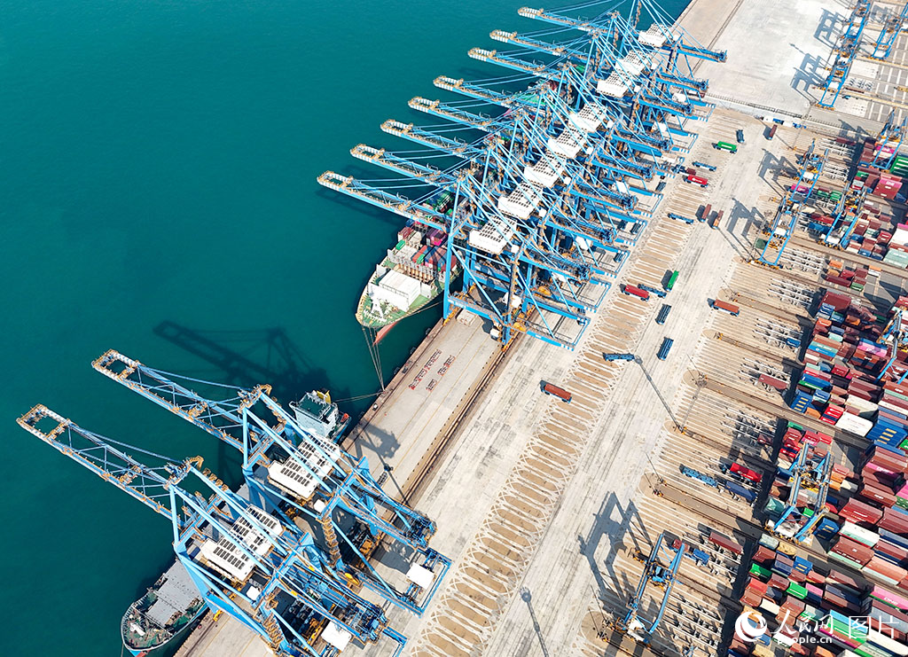 11月1日，山东港口青岛港全自动化码头，数艘货轮在装卸货物。
